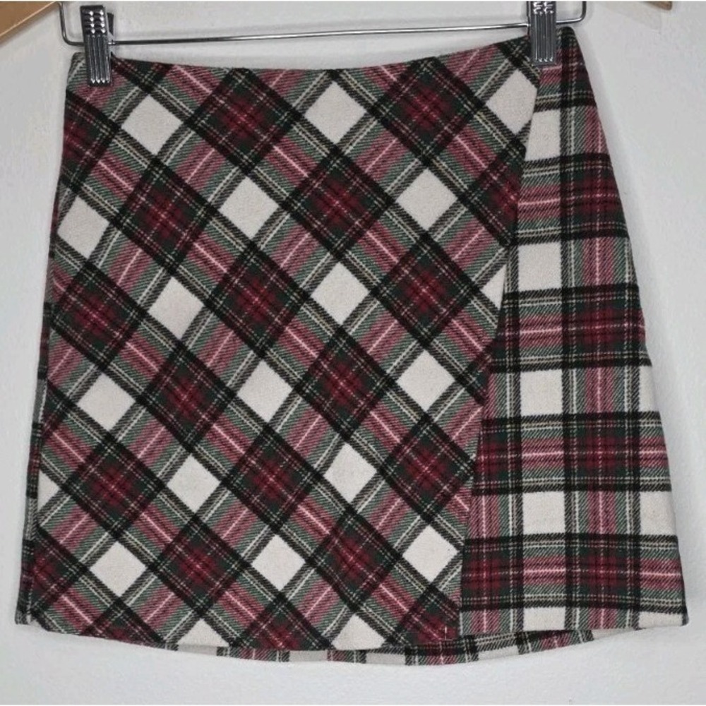 New Hollister Ultra High Rise Red White Green Plaid Wool XS Flannel A-Line Skirt